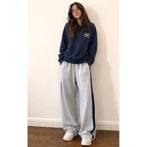 Brandy Melville Women's Blue Grey Cotton Lounge/Sweat Pants Side Stripe Size L